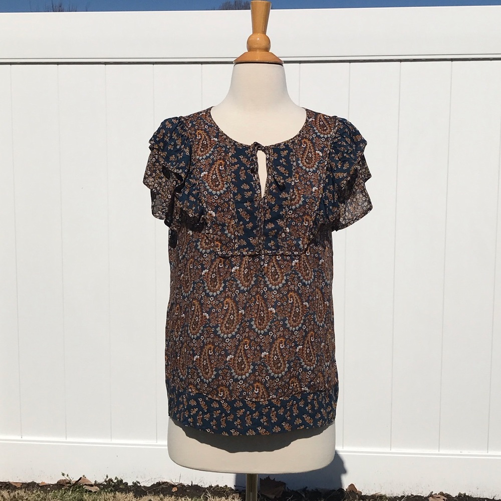 DR2 Floral Paisley Print Blouse Tie Keyhole Neckline Ruffled Sleeves Size Small